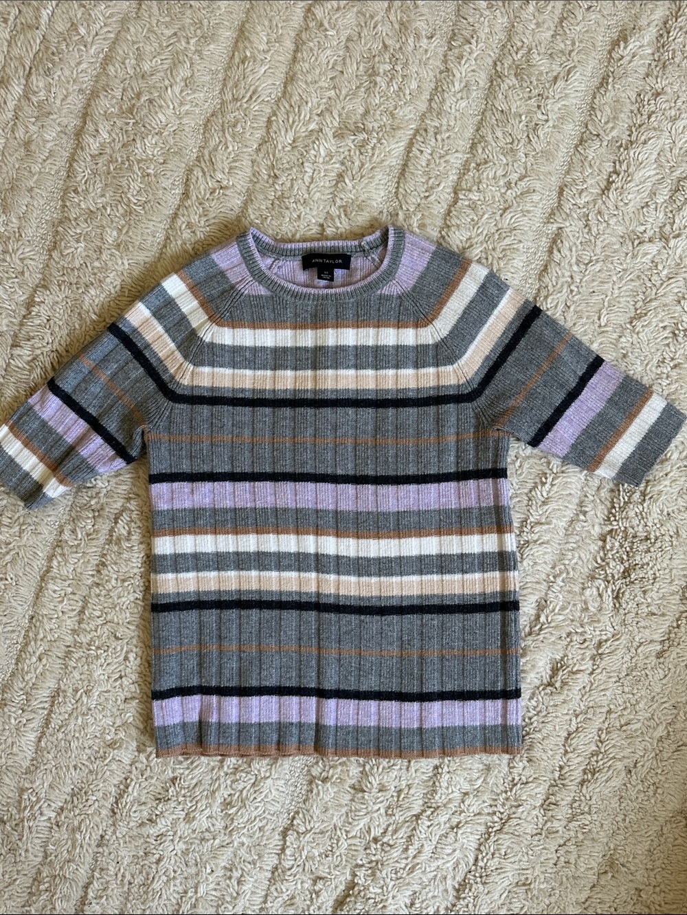 Ann Taylor Gray Striped Crewneck Sweater with Lavender Accents